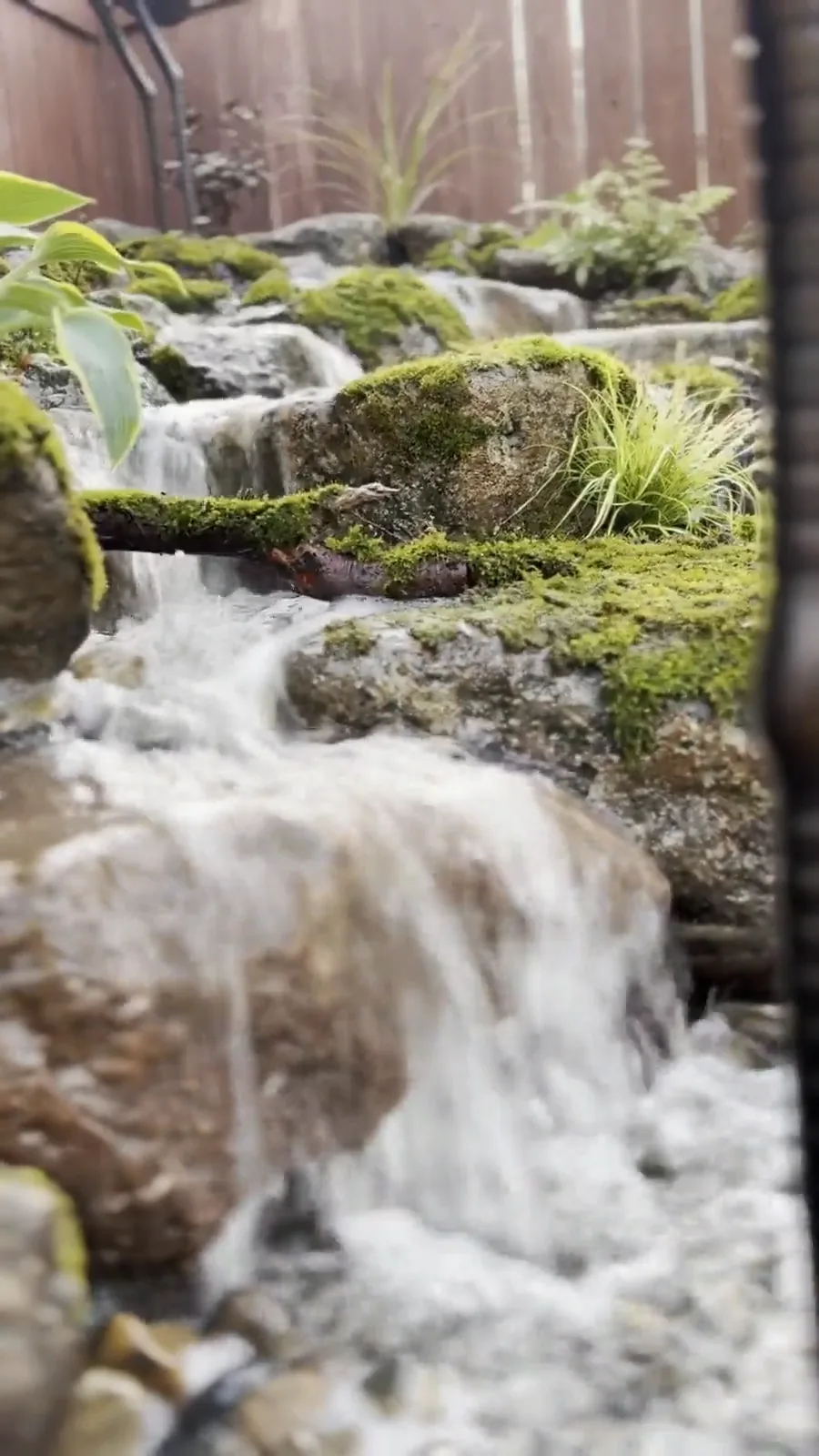 A waterfall dropping over mossy boulders into a pebble stream